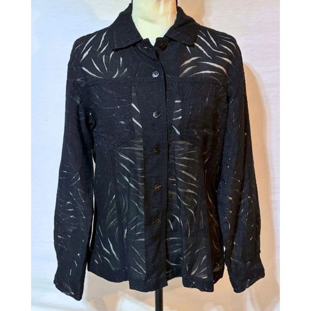 Chicos Design Black Burnout Sheer Blouse Size 0 Devore Button Front Top